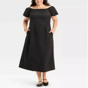 A New Day Black Puff Sleeve Square Neck Elastic Gather Midi Dress 3X NWT